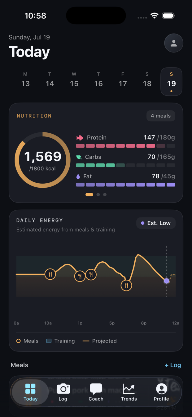 MacroMotive Today dashboard showing nutrition totals, daily energy, meals, and training context